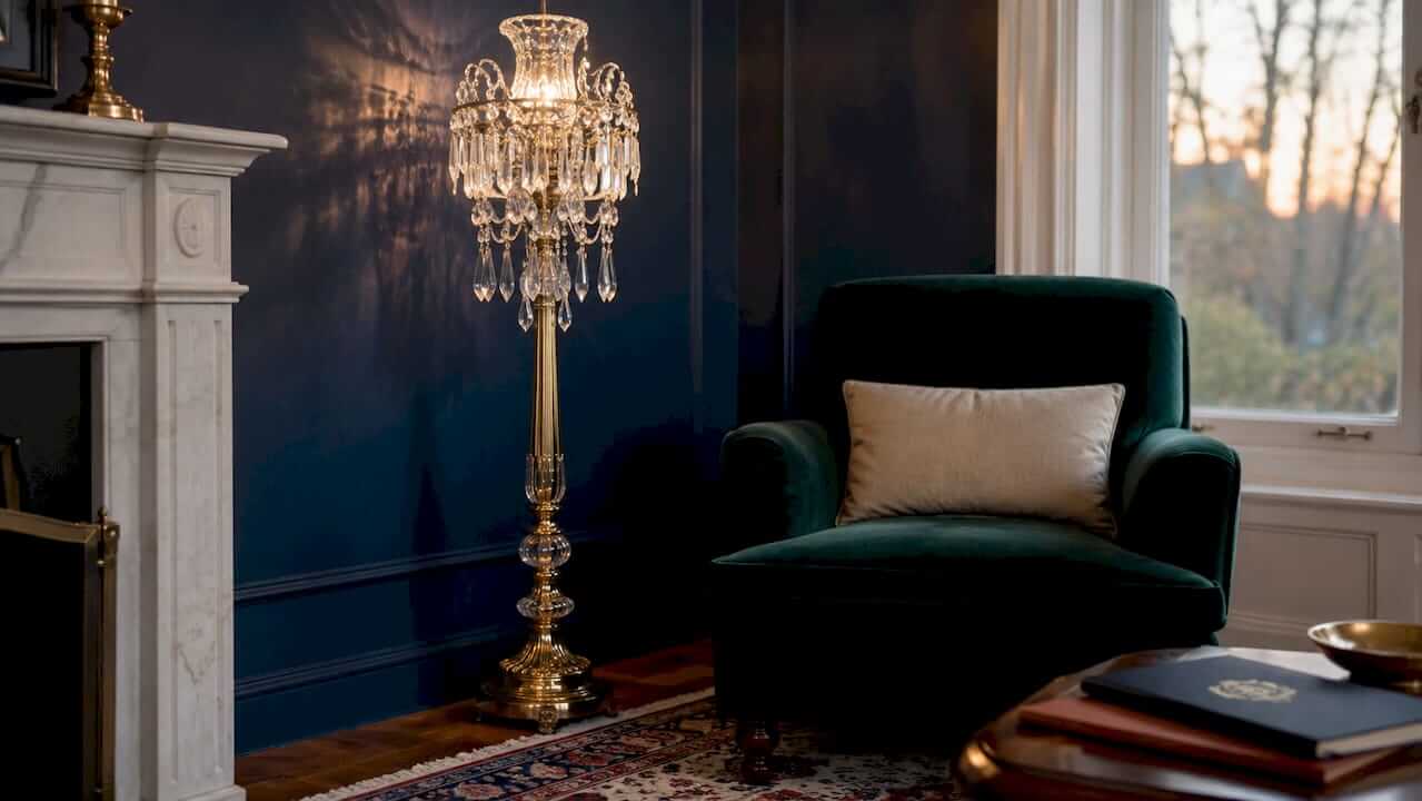 Traditional crystal floor lamp in cozy living room corner