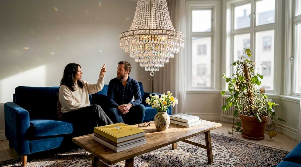 Couple admiring custom crystal chandelier in living room