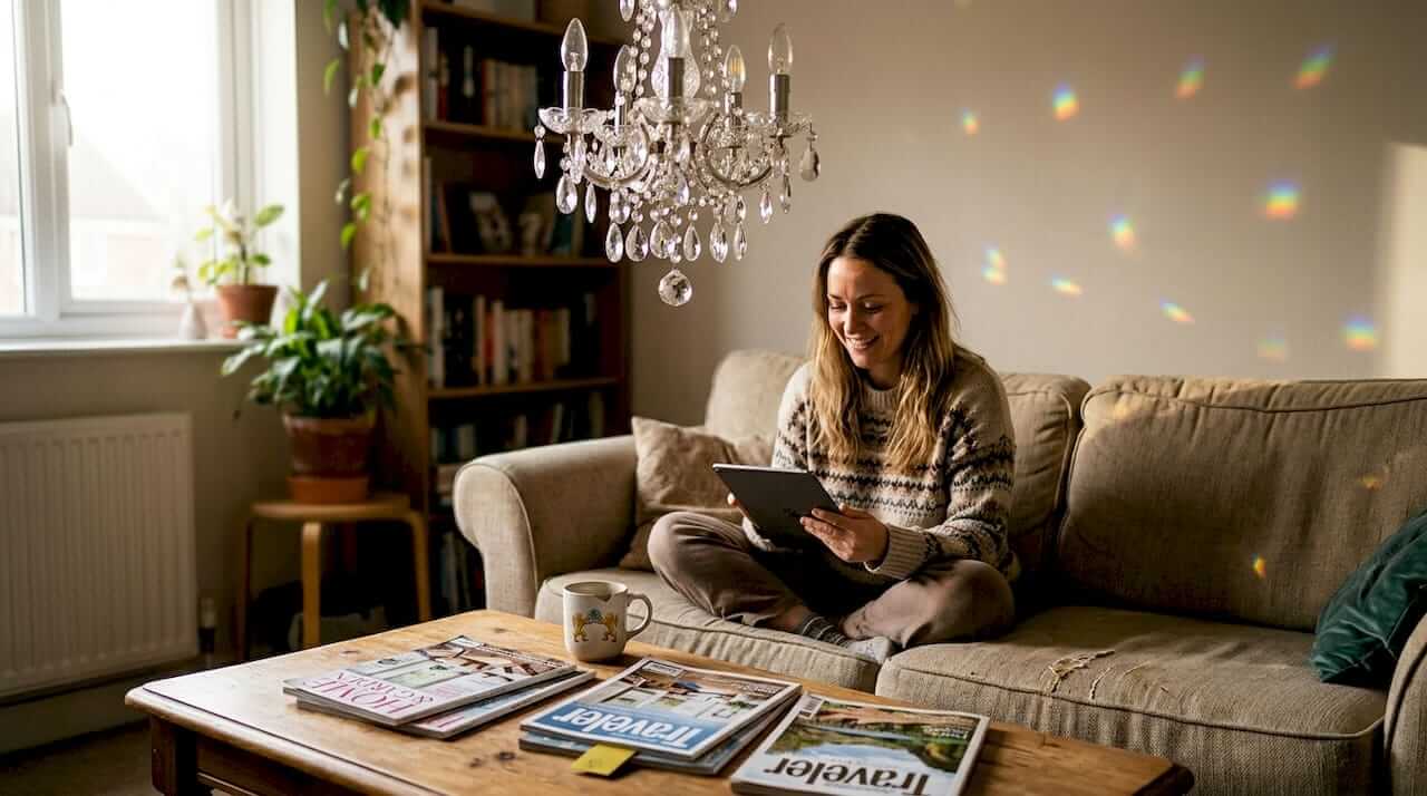 Woman with crystal chandelier in lived-in room