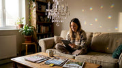 Woman with crystal chandelier in lived-in room