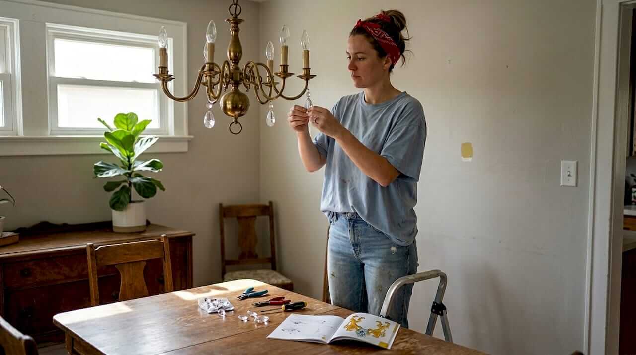 Woman upgrading brass chandelier with crystals