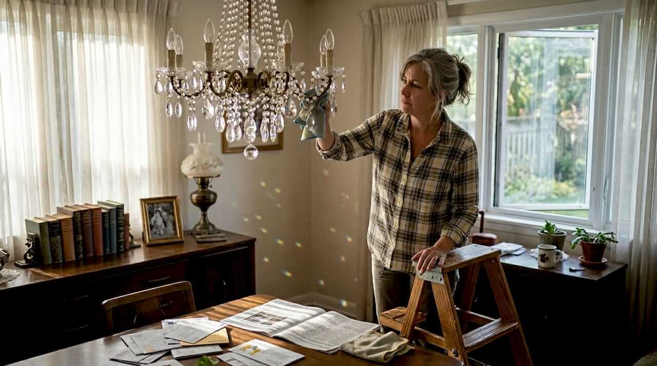 Homeowner dusts crystal chandelier in sunlit room