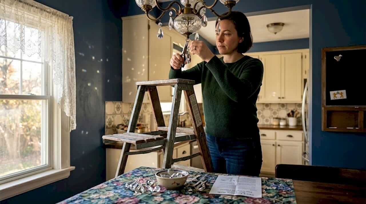 Homeowner repairing chandelier crystals in dining room