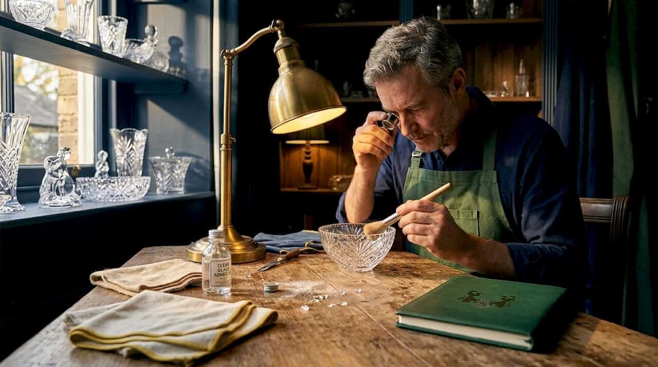 Crystal restorer examining glassware at worktable