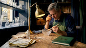 Crystal restorer examining glassware at worktable