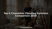 Homeowner cleaning chandelier in sunlit living room