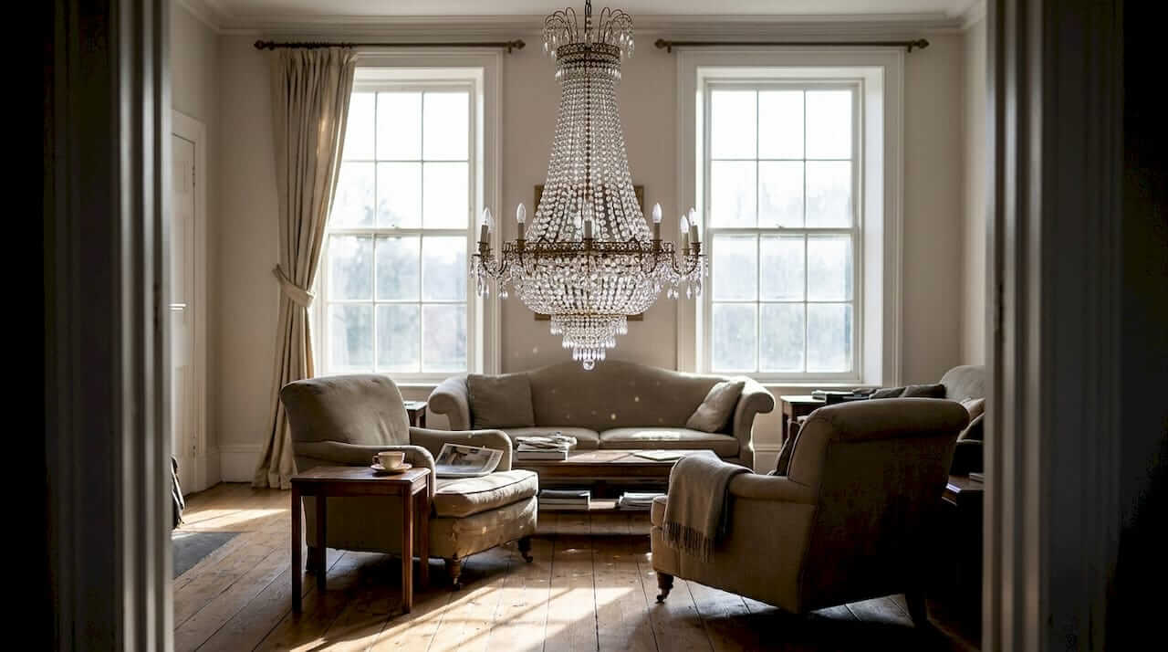 Crystal chandelier in bright classic living room