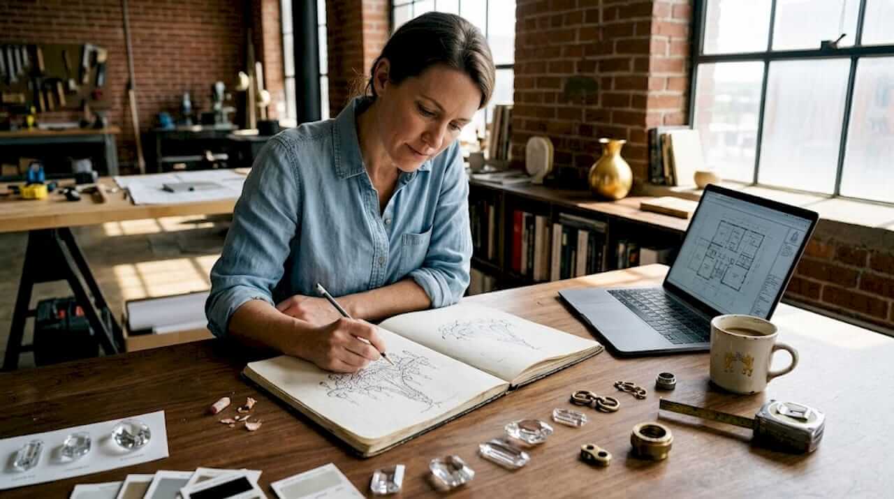 Designer sketching chandelier in studio
