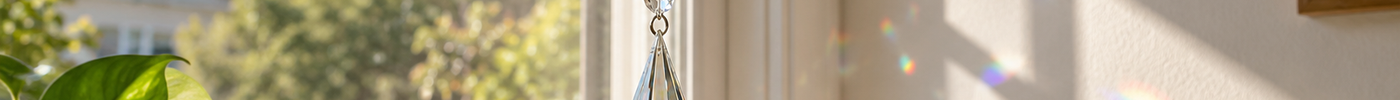Illustrative pair of clear crystal suncatchers hanging apart in a window with small rainbow reflections on a wall.