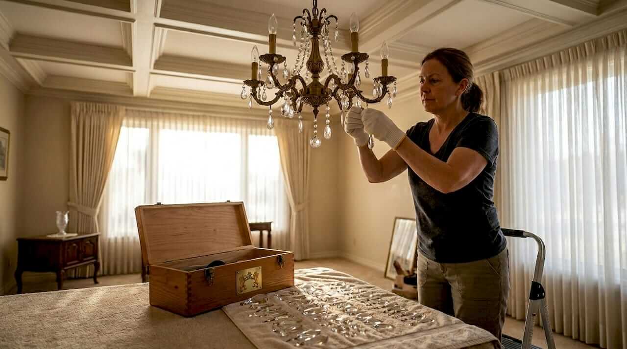 Woman installing chandelier crystal in sunlit living room