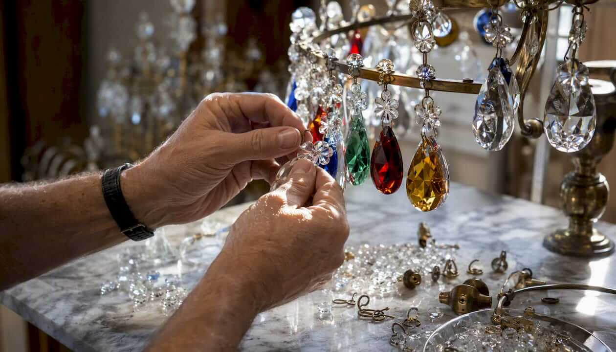 Hands assembling crystal chandelier parts