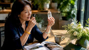 Woman examining clear quartz crystal closely