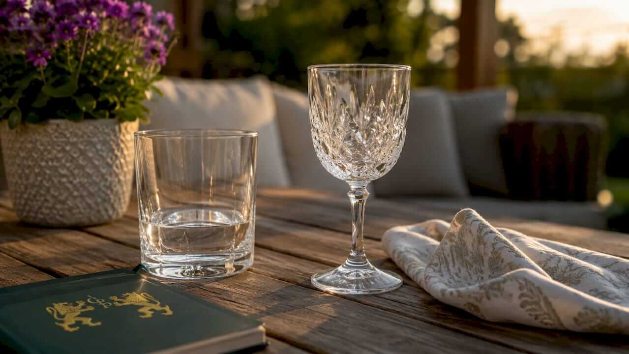 Glass and crystal drinking vessels side by side on countertop