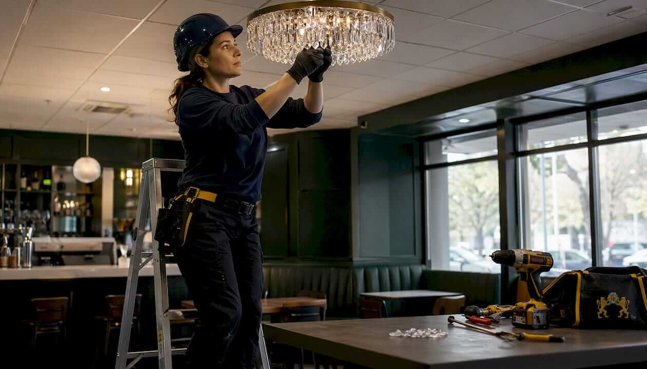 Electrician installing crystal fixture on drop ceiling