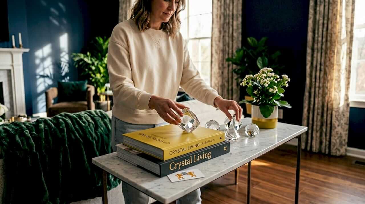 Arranging crystal ornaments in bright living room
