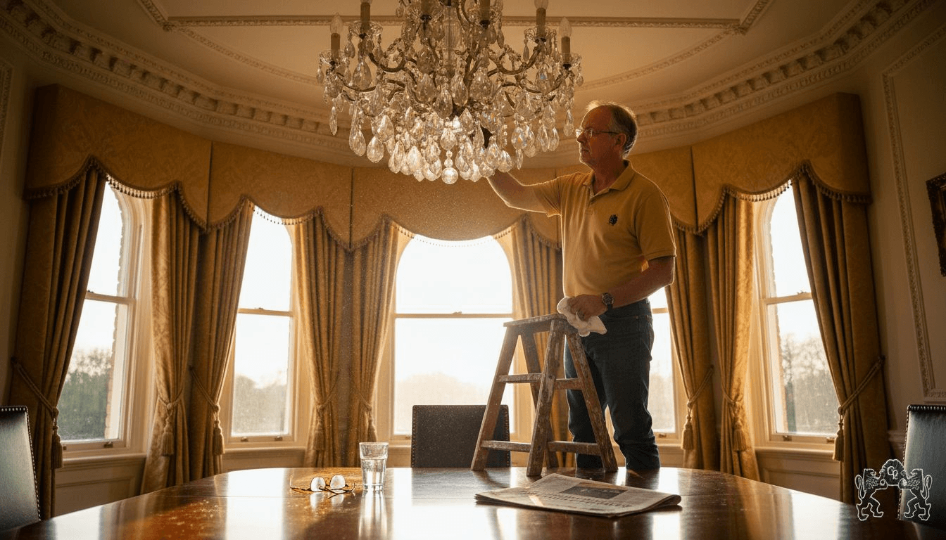 Man cleaning chandelier crystals in dining room