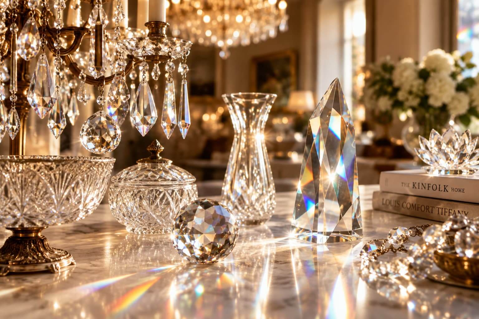 Crystal chandelier prisms and faceted crystal decor displayed on a tabletop