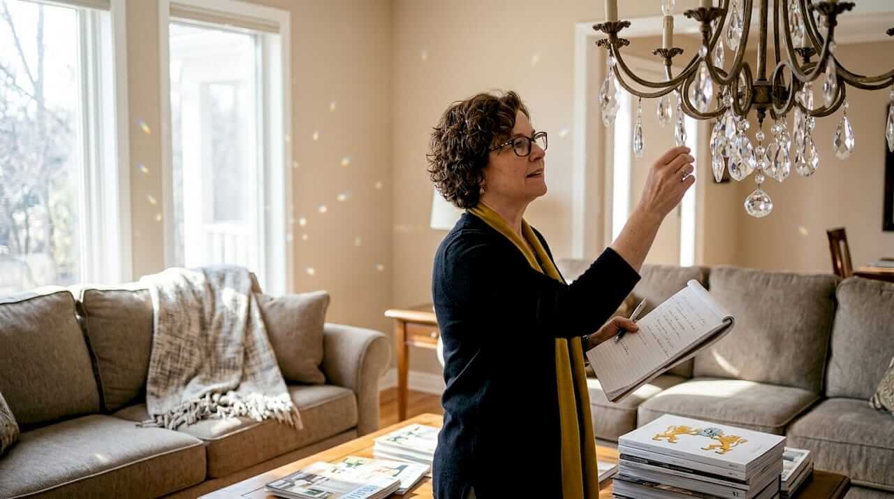 Designer examining custom crystal chandelier installation