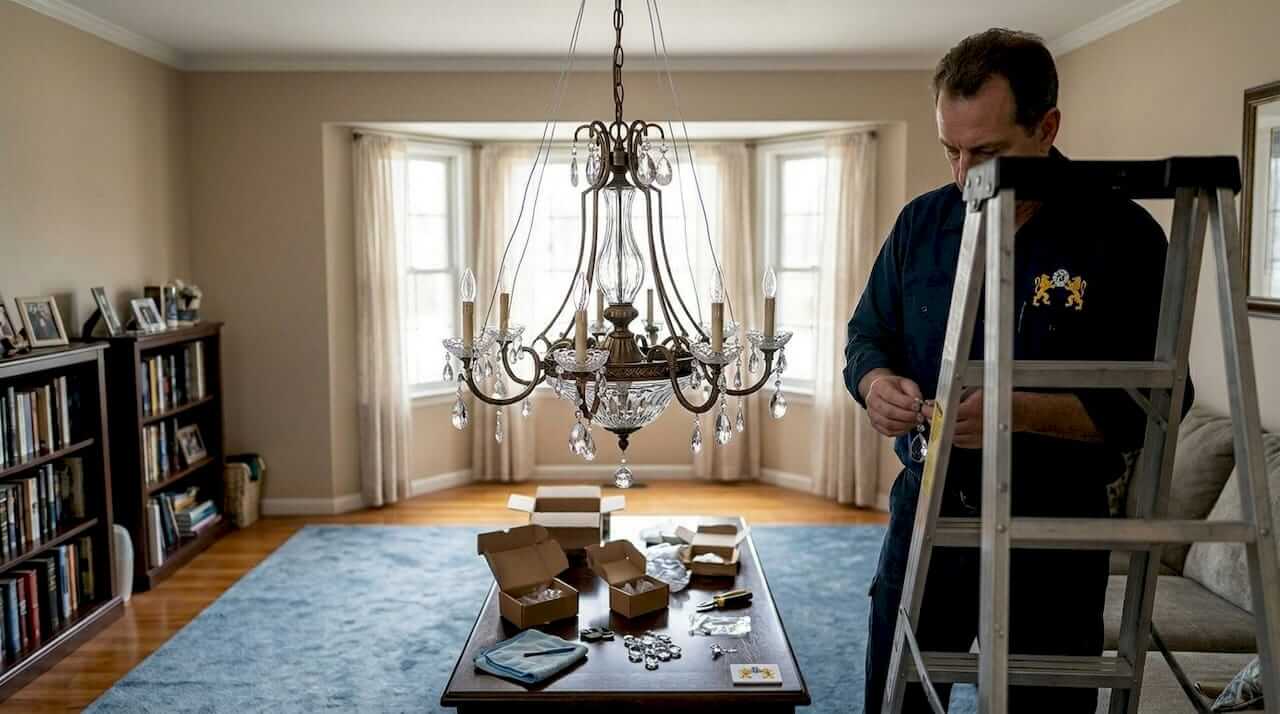 Installer attaching crystal pendants to chandelier