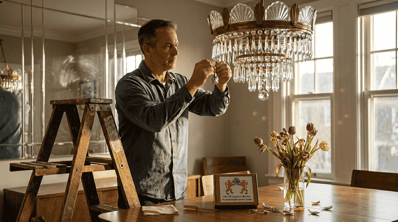 Homeowner upgrading chandelier crystals in dining room