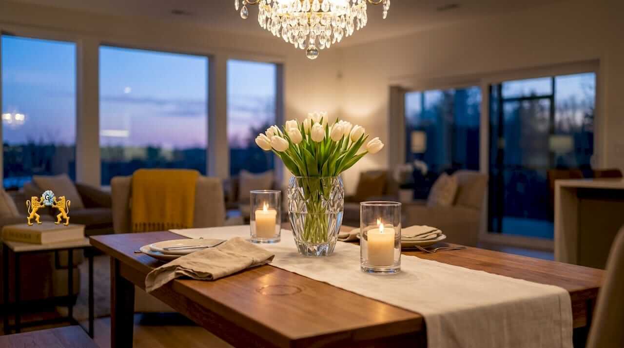 Crystal vase centerpiece at elegant dinner table