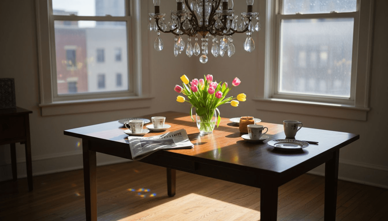 Crystal chandelier brightens elegant dining space