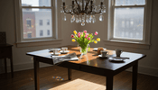 Crystal chandelier brightens elegant dining space