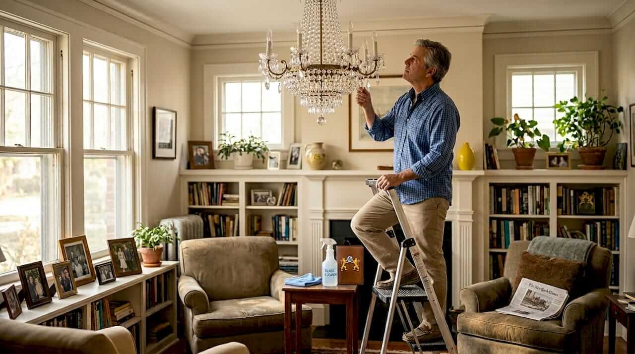 Homeowner inspecting dusty chandelier crystals
