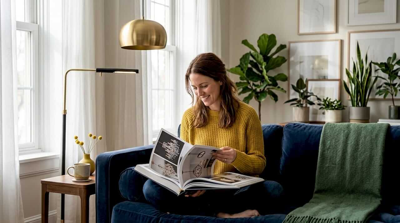 Person reading in living room with layered lighting