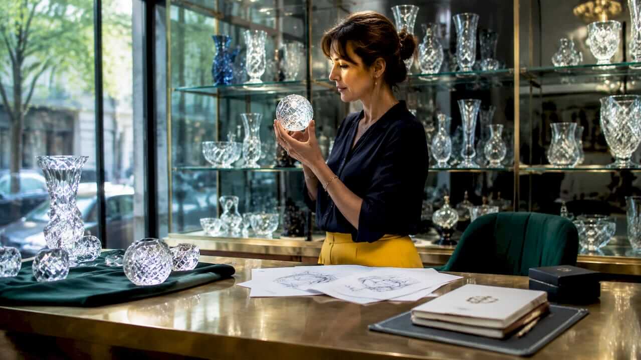 Artisan examining crystal pendant in showroom