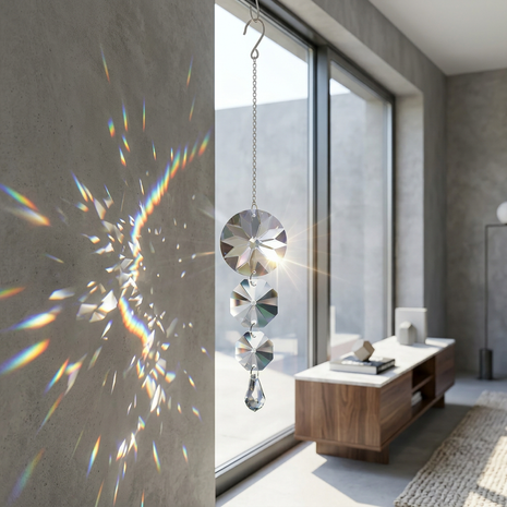 Decorative hanging crystal with rainbow effect on a wall in a modern room.
