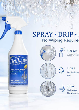 Brilliante Crystal Cleaner spray-drip-dry instructions with no wiping required