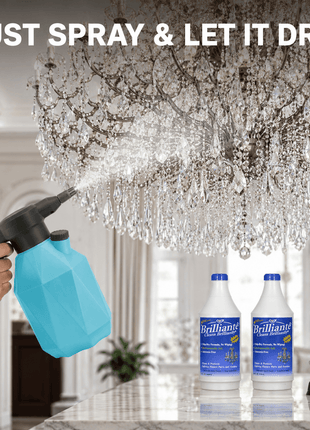 Electric power sprayer applying Brilliante Cleaner to a large crystal chandelier