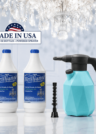 Two Brilliante Crystal Cleaner bottles with electric power sprayer package made in USA
