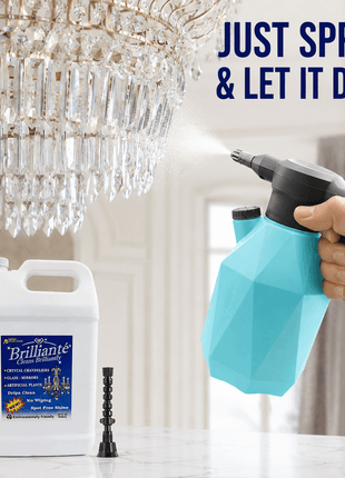 Electric power sprayer applying Brilliante Cleaner to a crystal chandelier with gallon refill