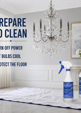 Brilliante Crystal Cleaner preparation steps with spray bottle, refill and chandelier