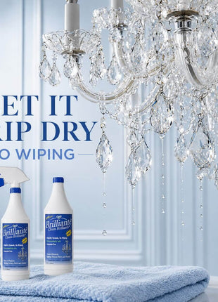 Brilliante Crystal Cleaner drip-dry no-wipe method shown with chandelier