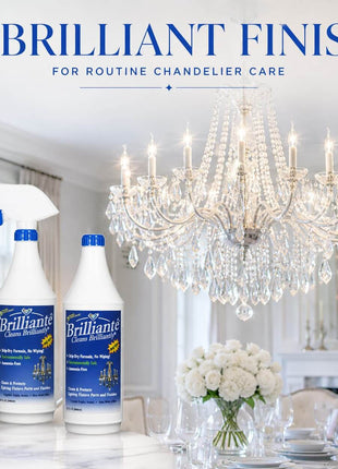 Brilliante Crystal Cleaner spray bottle and refill displayed beside a crystal chandelier