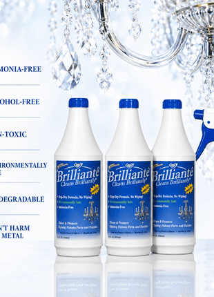 Brilliante Crystal Cleaner product benefits with two refill bottles – CrystalPlace