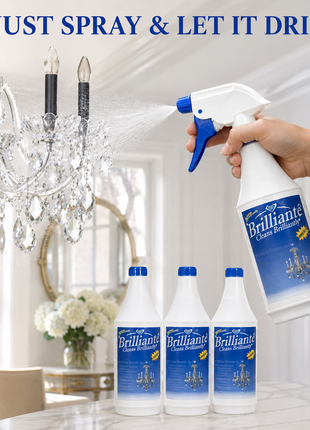 Spraying a chandelier with Brilliante Cleaner and three refill bottles – CrystalPlace