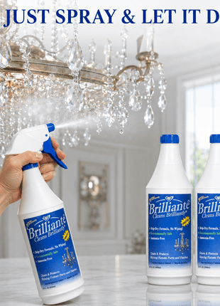 Spraying a chandelier with Brilliante Cleaner and two refill bottles – CrystalPlace