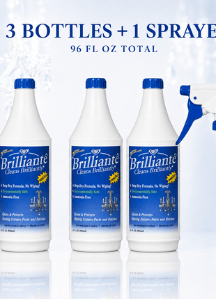 Three Brilliante Crystal Cleaner bottles and sprayer, 96 oz total – CrystalPlace