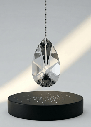 Crystal pendant hanging above a black circular base on a gray background