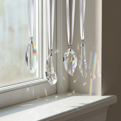 Crystal prisms hanging by ribbons on a windowsill with sunlight casting rainbow colors.