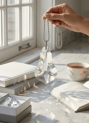 Hand holding a 4 inch crystal pendant