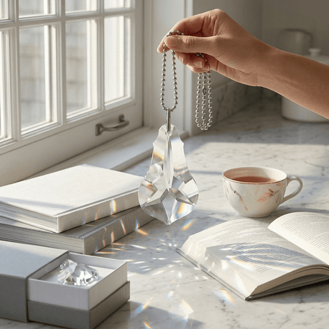 Hand holding a 4 inch crystal pendant