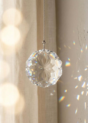 Swarovski Crystal prisms hanging against a neutral background