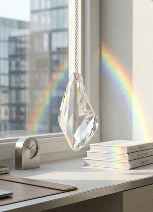Swarovski Crystal prism on a desk with a rainbow effect, modern office setting