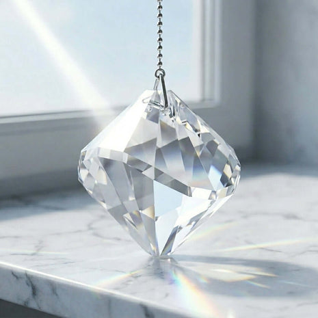 Swarovski Crystal prisms on a marble surface with a blurred background