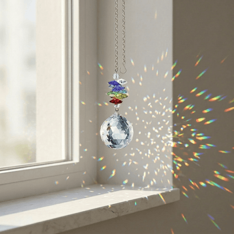 Swarovski Crystal ball with colorful Swarovski beads hanging by a window, casting rainbow patterns on the wall.